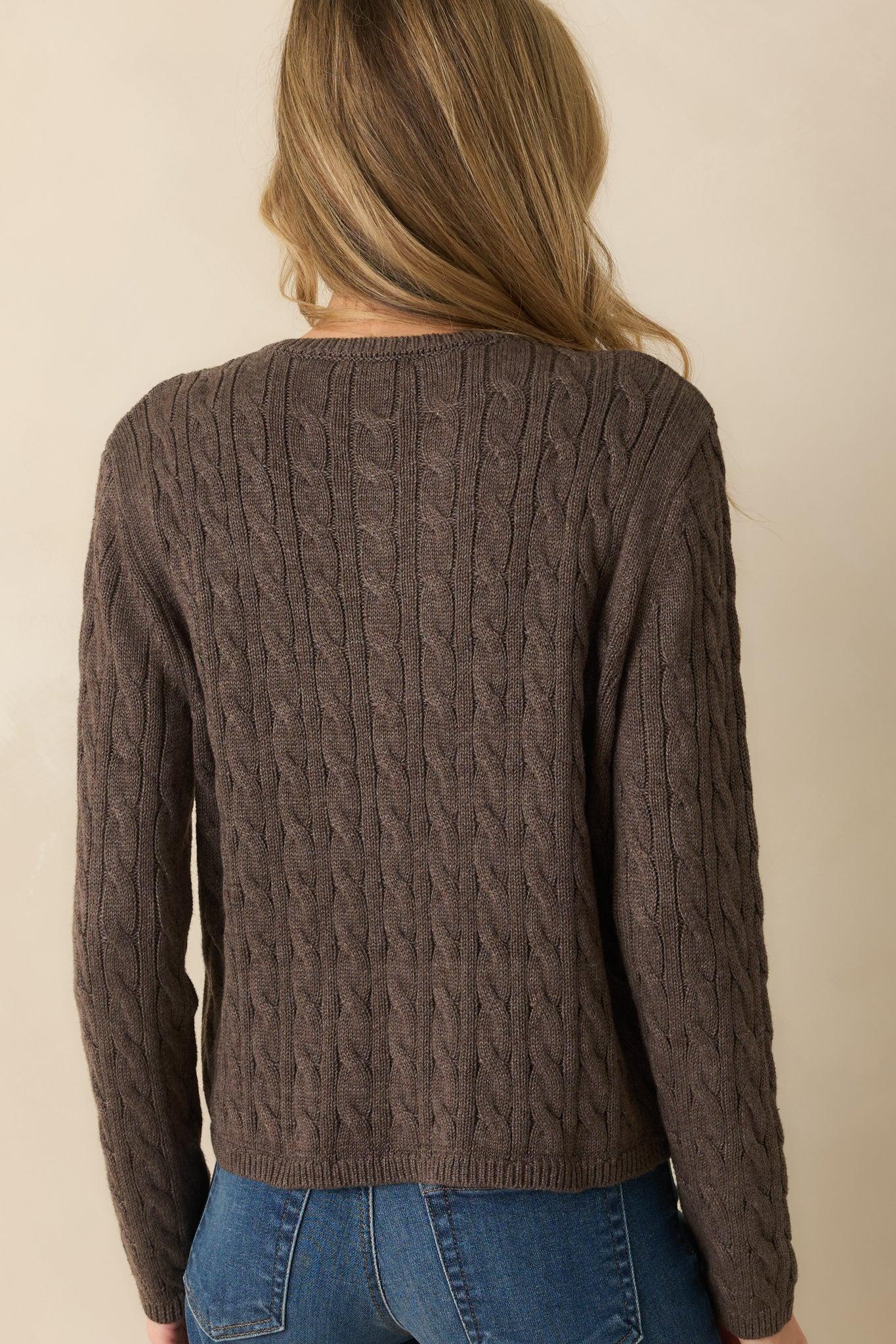 On My Terms Dark Mocha Brown Cable Knit Bear Embroidered Cardigan L / Mocha Product Image