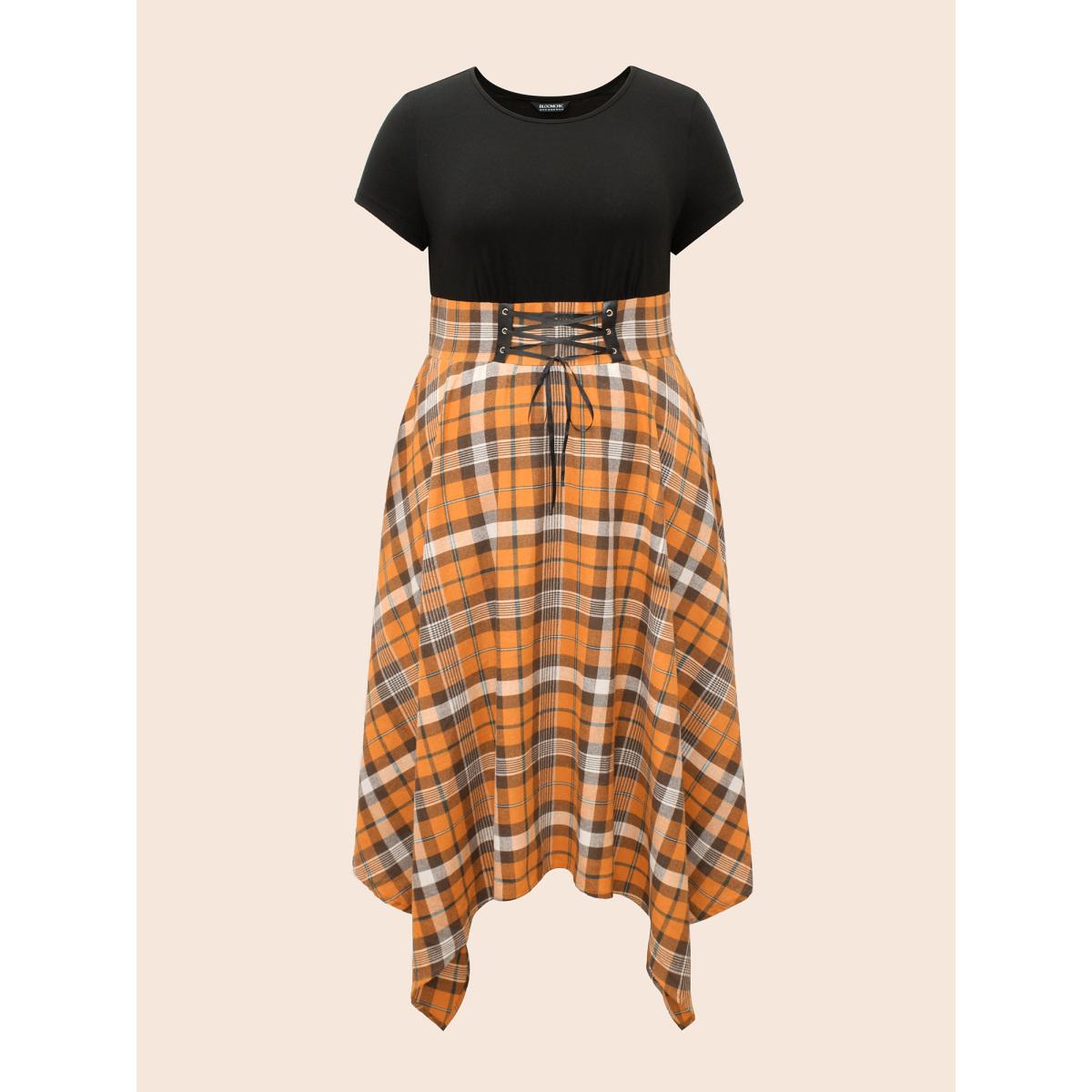 Plus Size Elastic Plaid Asymmetrical Hem Dress Brightorange Women Cocktail Wraparound straps Party Curvy Bloomchic 26/4X Product Image