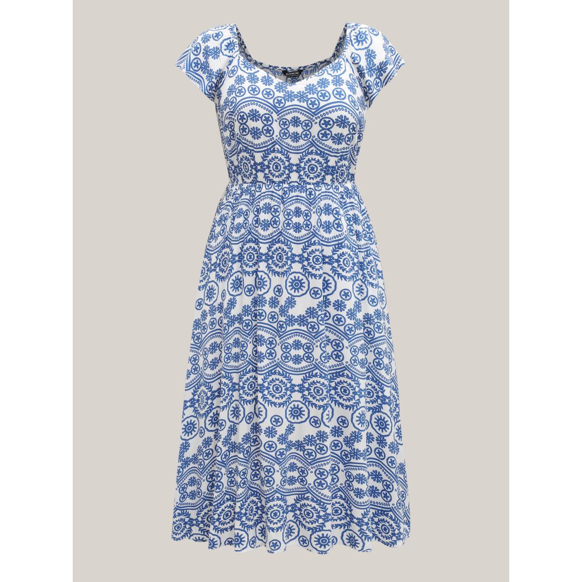 Plus Size Geometric Print Pockets Flowy Midi Dress DarkBlue Women Boho Heart neckline Cap Sleeve Curvy BloomChic 12/L Product Image