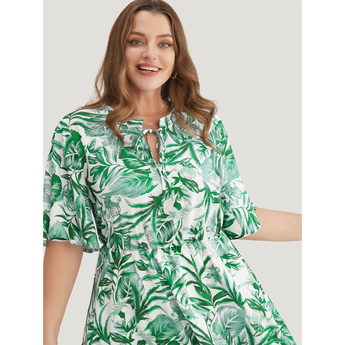 Plus Size Plant Print Pocket Keyhole Tie Neck Frill Trim Flutter Dress Green Women Vacation V-neck Half Sleeve Curvy Midi Dress BloomChic 10/M Product Image