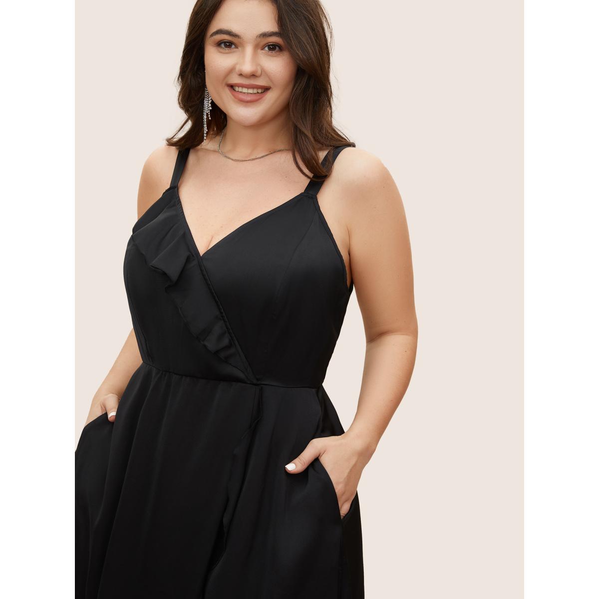 Plus Size Satin Overlap Collar Ruffles Cami Dress Black Women Formal Ruffles V-neck Sleeveless Curvy BloomChic 12/L Product Image