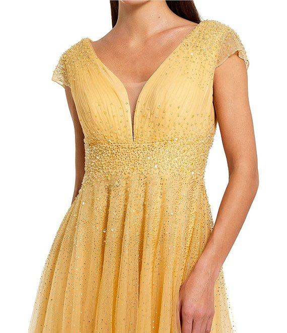 Mac Duggal V-Neck Beaded Embellished Tulle Cap Sleeve Gown Product Image