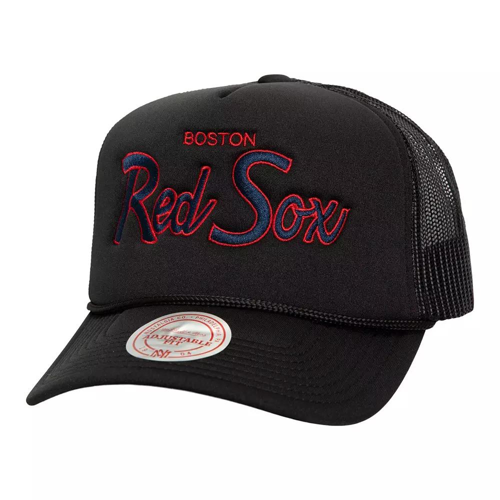 Men's Mitchell & Ness Black Boston Red Sox Script Trucker Adjustable Hat Product Image