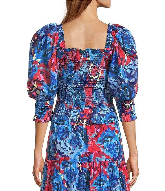Ro's Garden Trinity Smocked Square Neck 3/4 Sleeve Floral Coordinating Crop Top Product Image