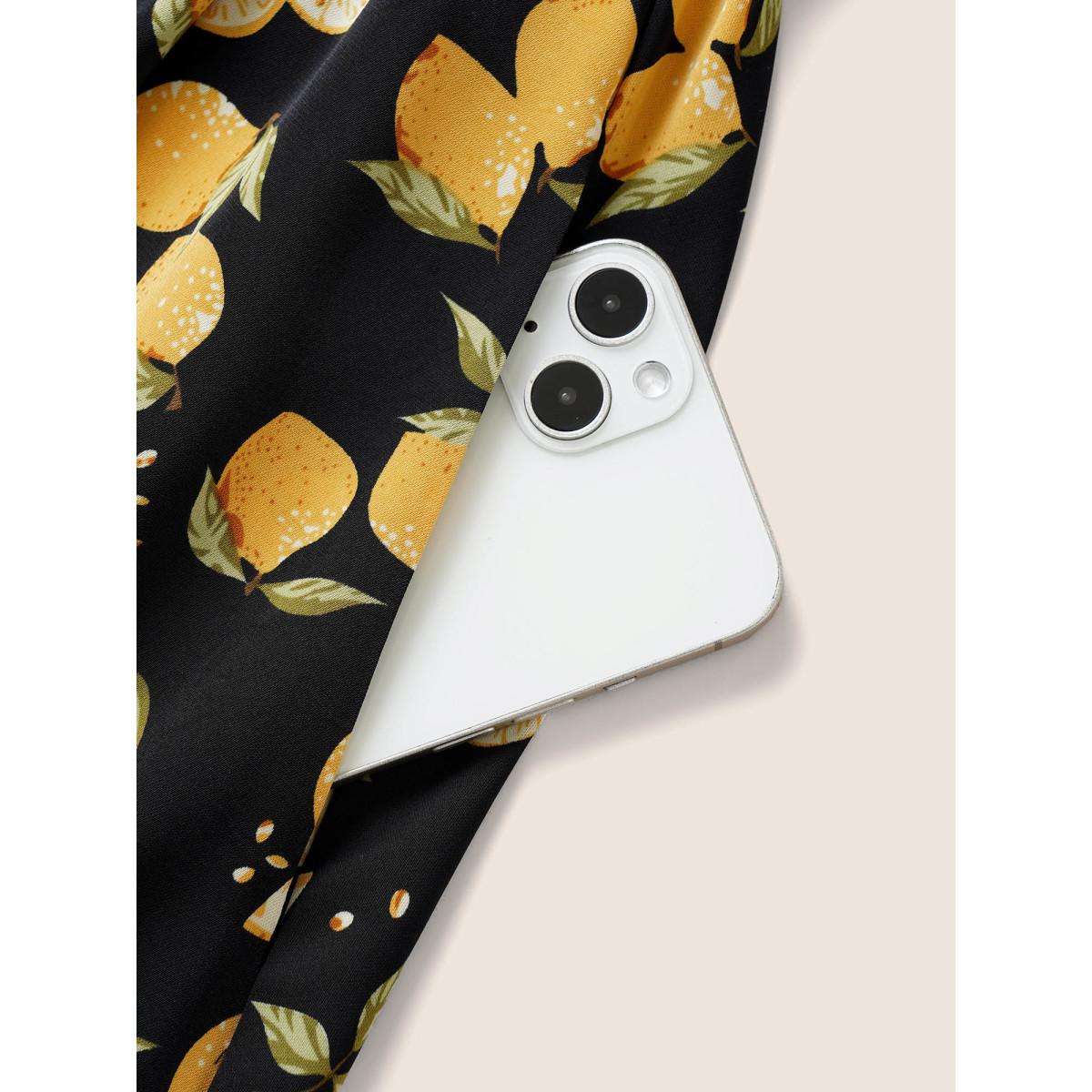 Plus Size Citrus Lemons Print Belted Surplice Neck Split Side Dress BlackFlower Women Elegant Non Overlap Collar Short sleeve Curvy Midi Dress BloomChic 14-16/1X Product Image