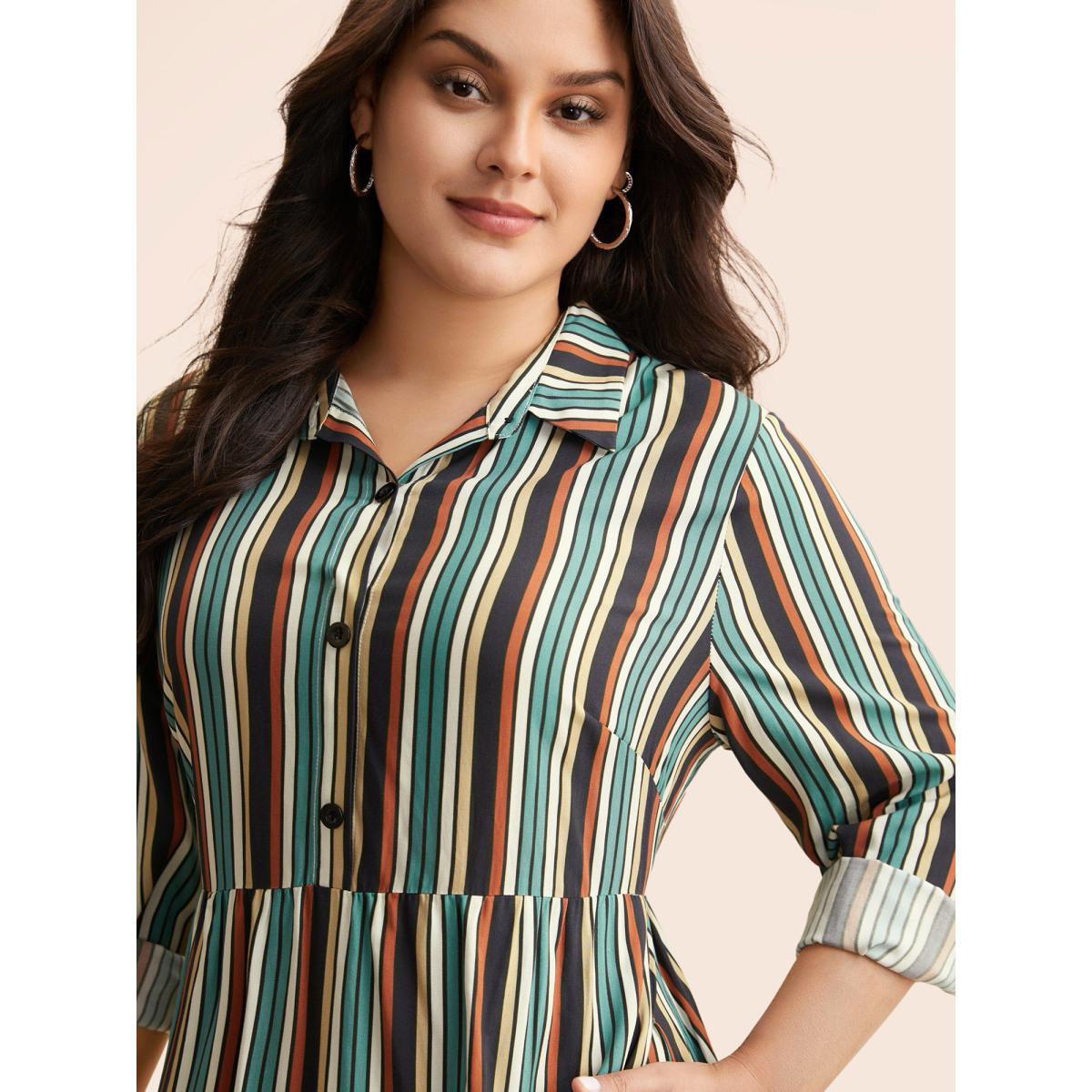 Plus Size Shirt Collar Contrast Striped Midi Dress Multicolor Women Leisure Button Shirt collar Long Sleeve Curvy BloomChic 10/M Product Image