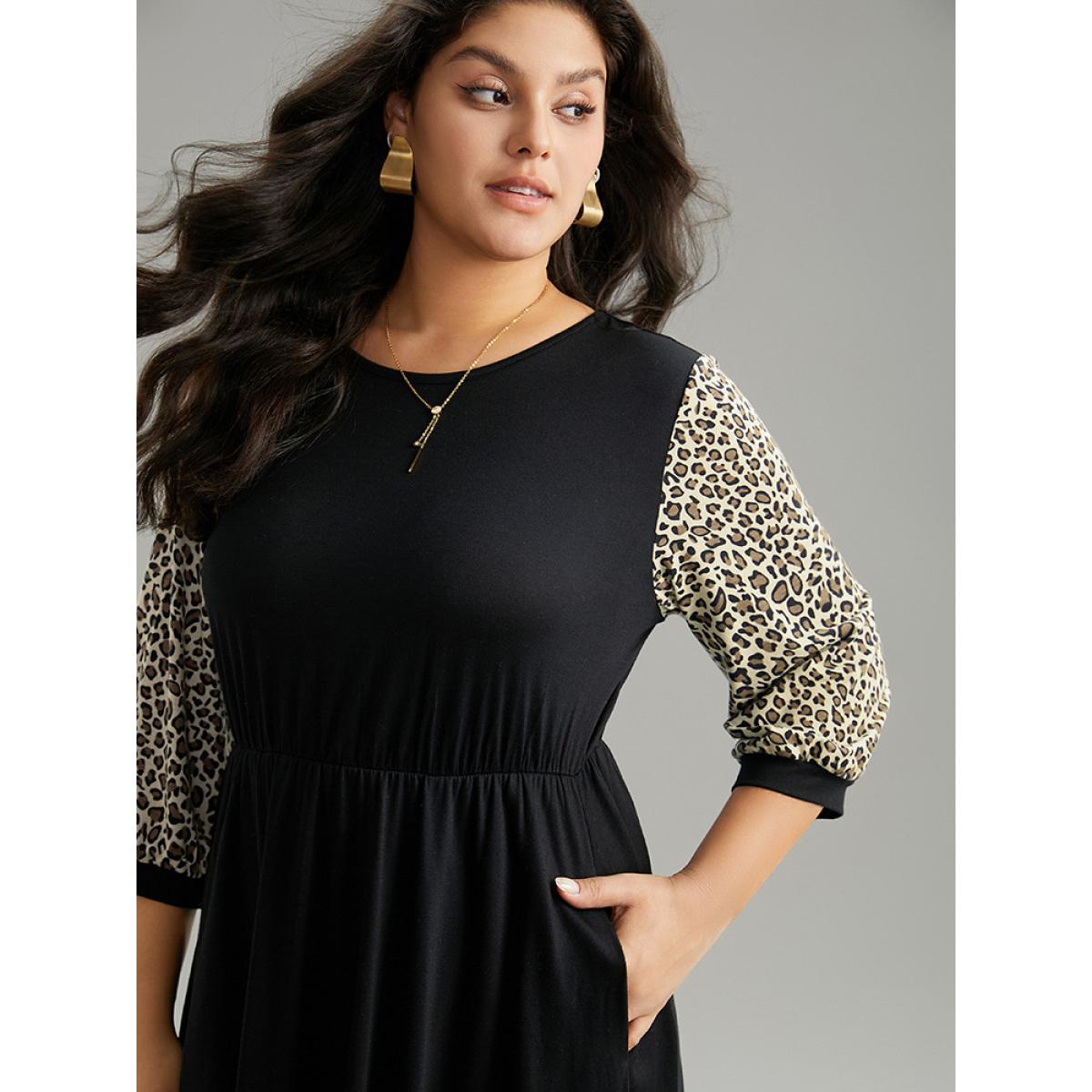 Plus Size Leopard Patchwork Pocket Elastic Waist Dress Black Women Casual Printed Round Neck Elbow-length sleeve Curvy Midi Dress BloomChic 30/6X Product Image