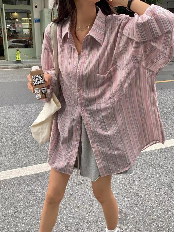 Pink Stripe Loose Thin Long Sleeve Blouse Product Image