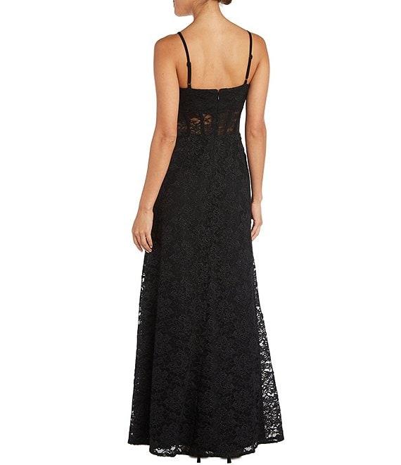 Morgan & Co. Sleeveless Spaghetti Strap Scalloped V-Neck Illusion Corset-Bodice Slit Hem Long Glitter Lace Dress Product Image