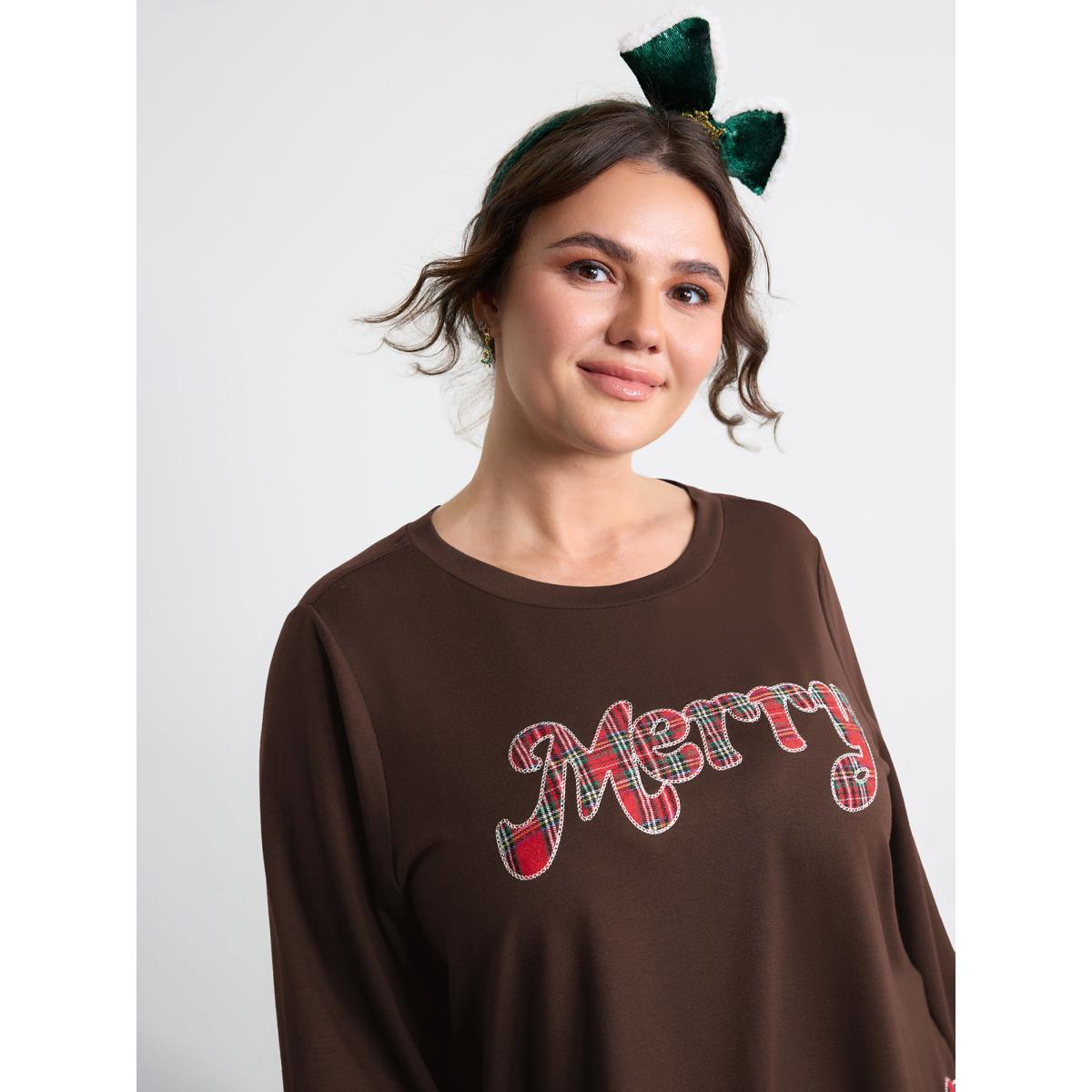 Plus Size Merry Applique Embroidery Sweatshirt Women DarkBrown Playful Contrast Round Neck Casual Sweatshirts BloomChic 12/L Product Image