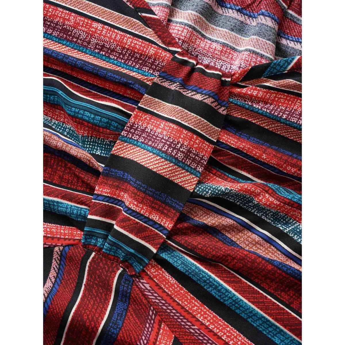 Plus Size Multicolor Striped Heart Neckline Lantern Sleeve Blouse Women Elegant Short sleeve Heart neckline Everyday Blouses BloomChic 12/L Product Image