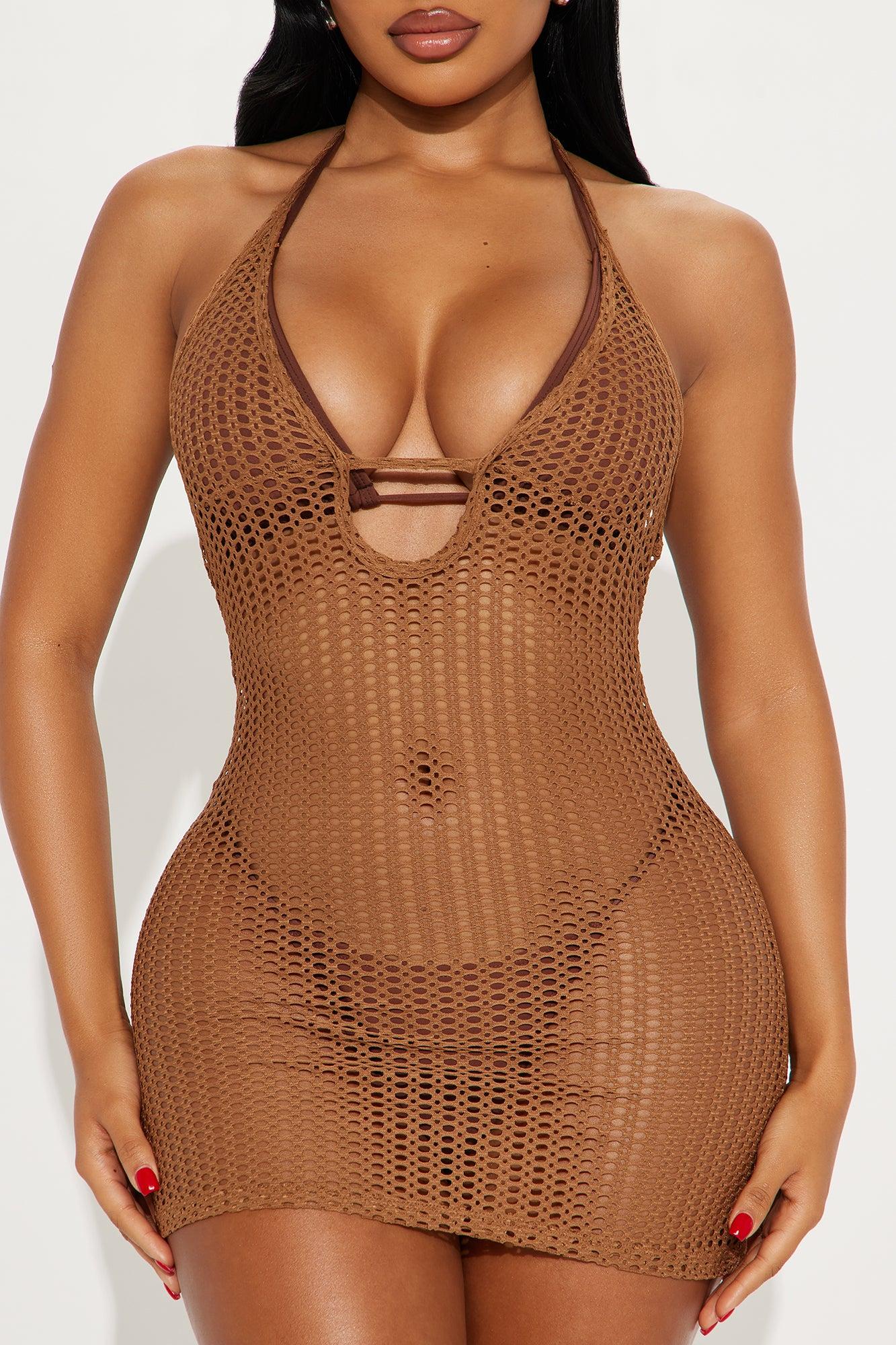 Island Breeze Crochet Fishnet Cutout Cover Up Dress - Mocha Product Image
