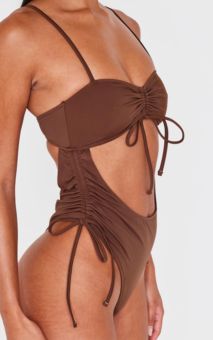 Chocolate Ruched Cut Out Halter Tie Swimsuit Product Image