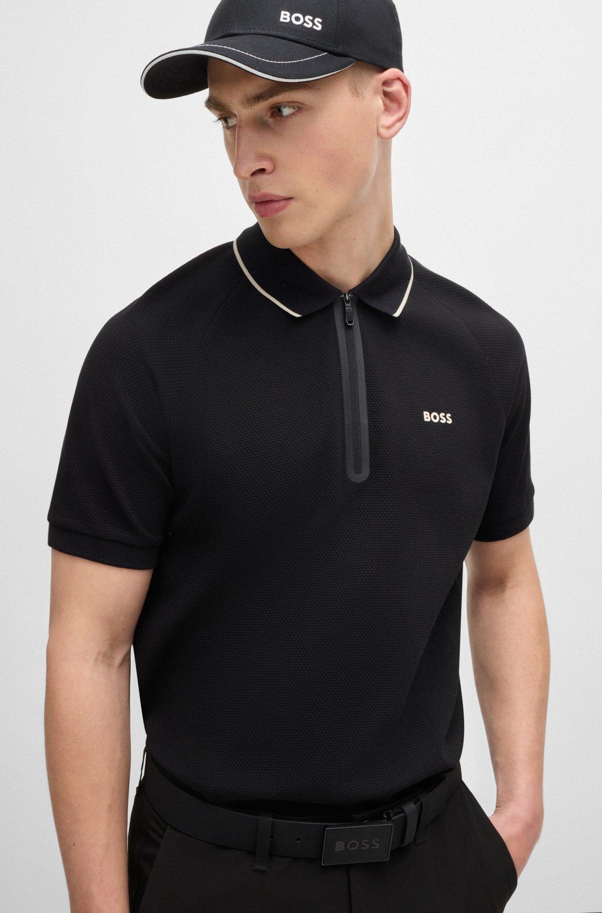 BOSS - Structured-cotton polo shirt with contrast logo - Black Product Image