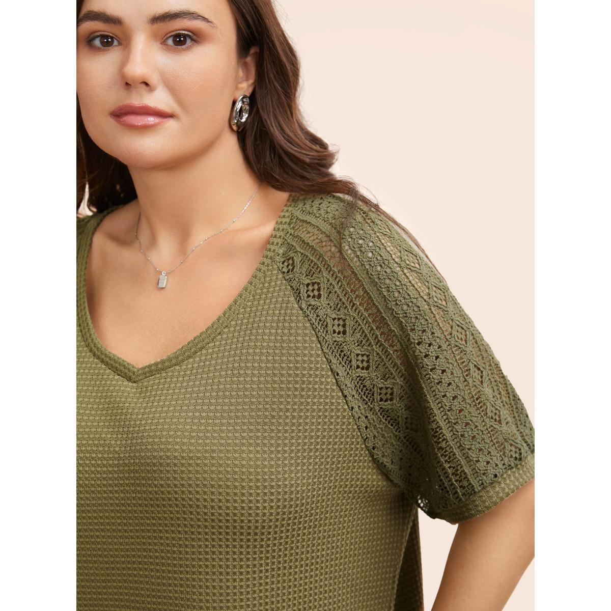 Plus Size V Neck Waffle Knit Crochet Lace T-shirt Olive Women Casual Texture V-neck Everyday T-shirts BloomChic 14-16/1X Product Image