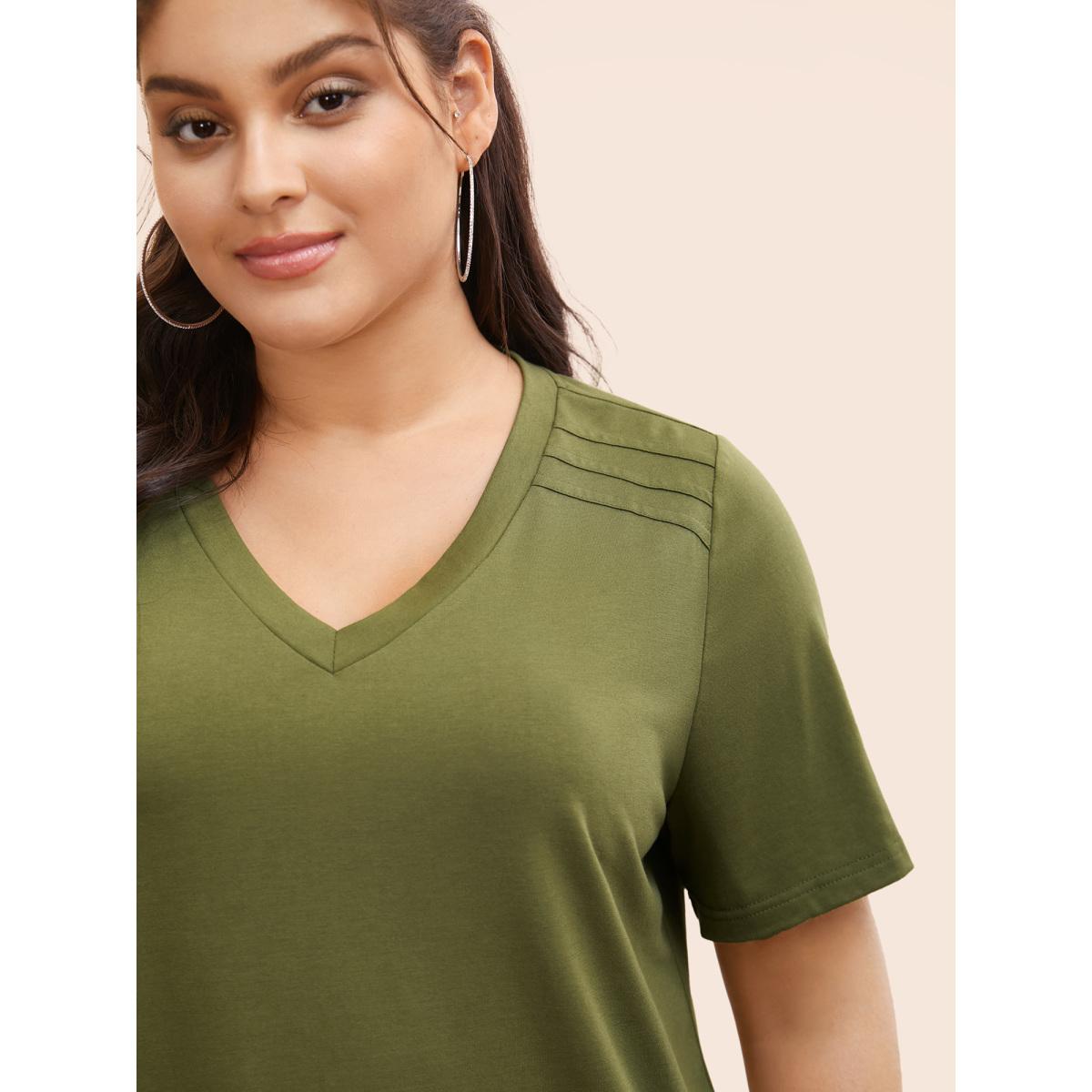 Plus Size V Neck Pleated Stretchy T-shirt ArmyGreen Women Casual Pleated V-neck Everyday T-shirts BloomChic 14-16/1X Product Image