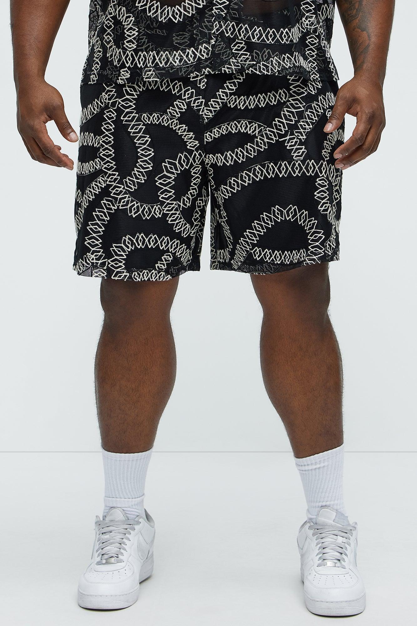 Embroidered Netting Relaxed Shorts - Black Product Image