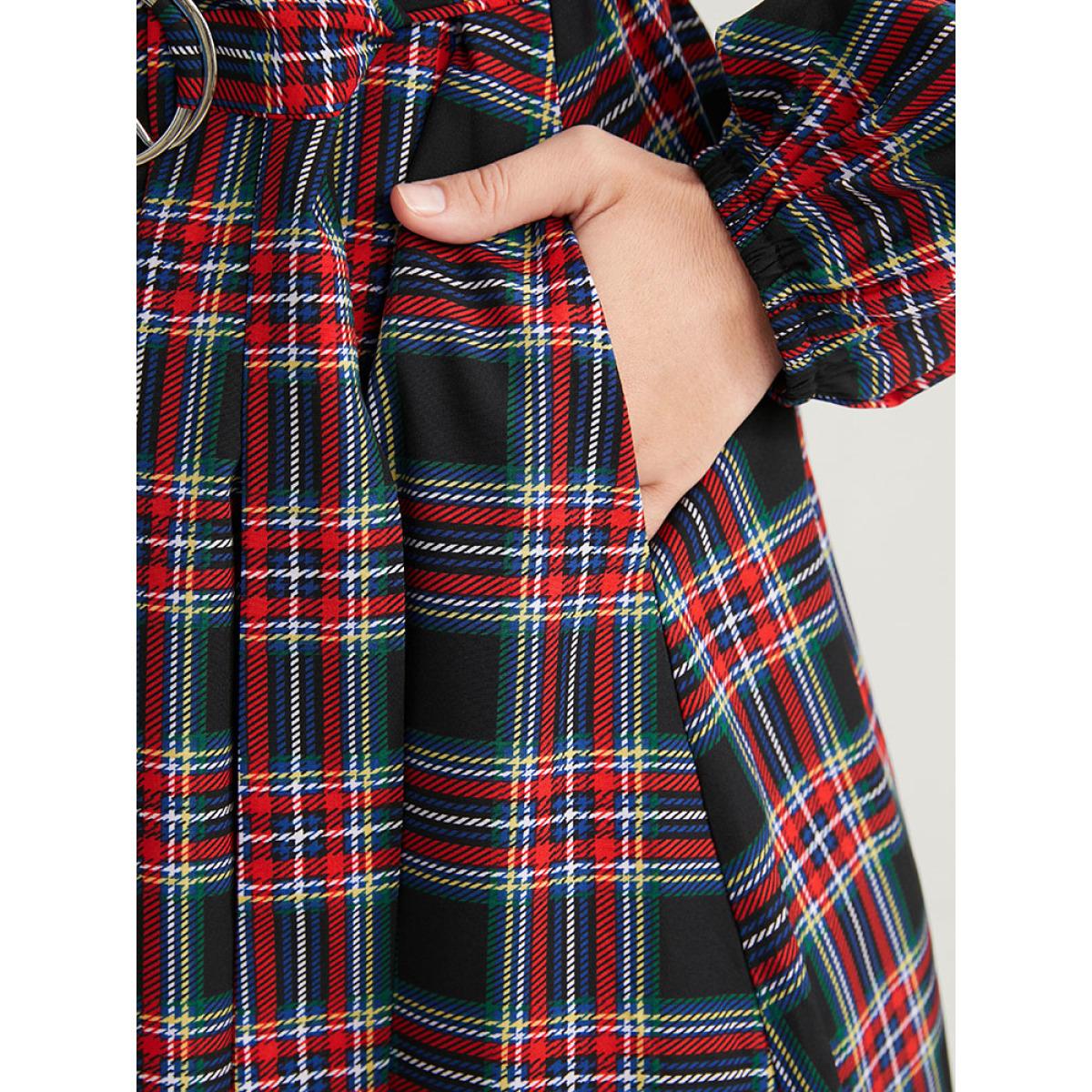 Plus Size Tartan Lantern Sleeve Pocket Belted Midi Dress Russet Women Elegant Elastic Waist Lapel Collar Long Sleeve Curvy Midi Dress BloomChic 14-16/1X Product Image