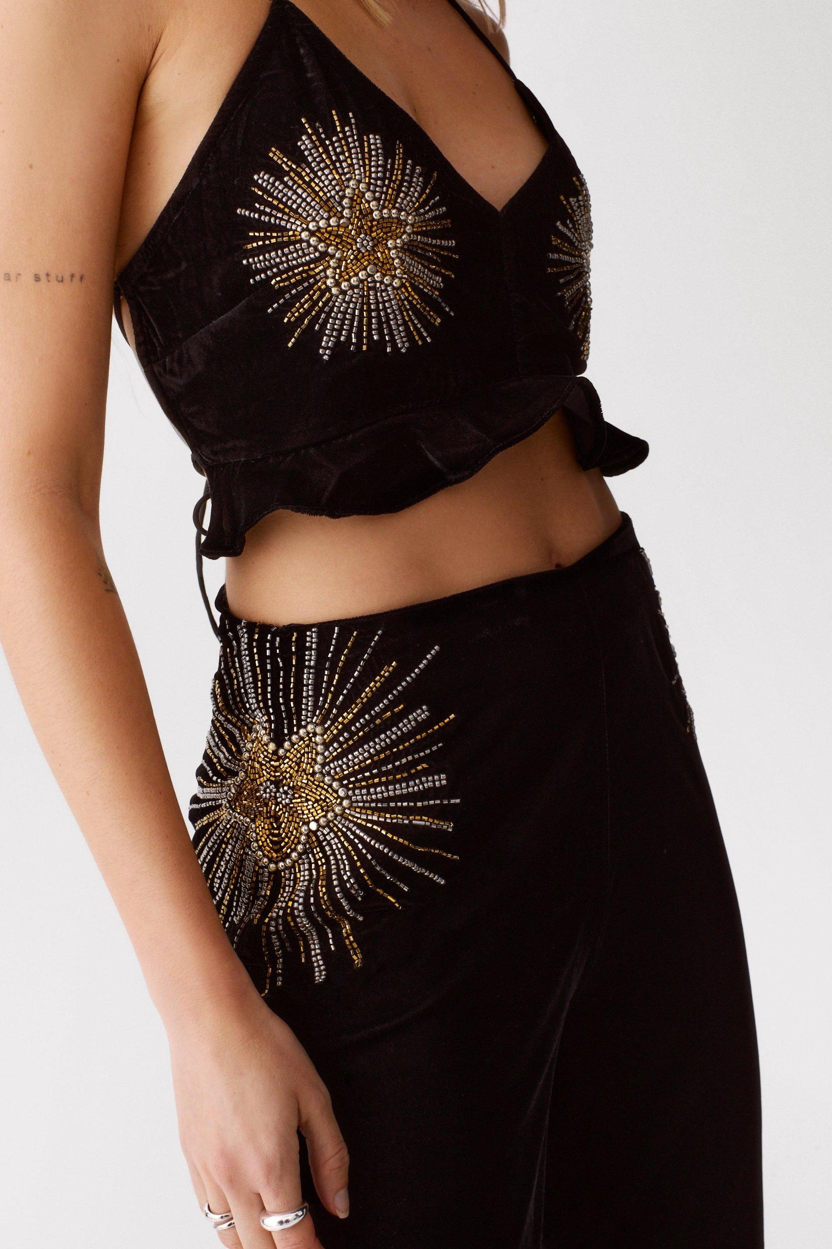 Star Embellished Velvet Flared Pants Product Image