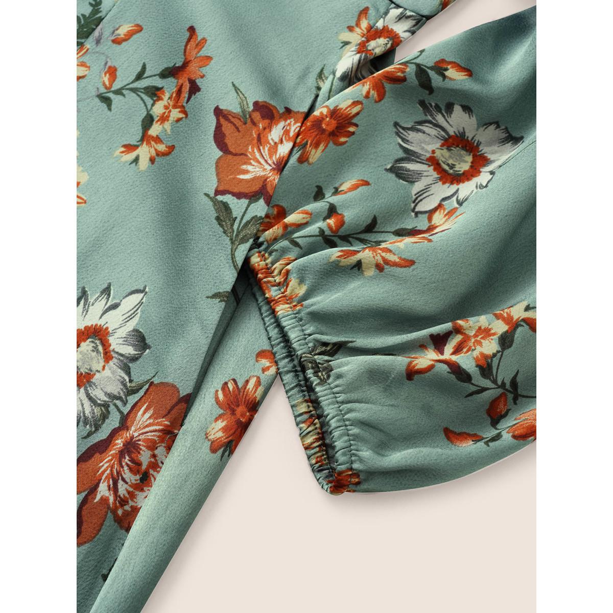 Plus Size Floral Elastic Waist Gathered Split Front Dress Mint Women Elegant Non Square Neck Elbow-length sleeve Curvy Midi Dress BloomChic 14-16/1X Product Image