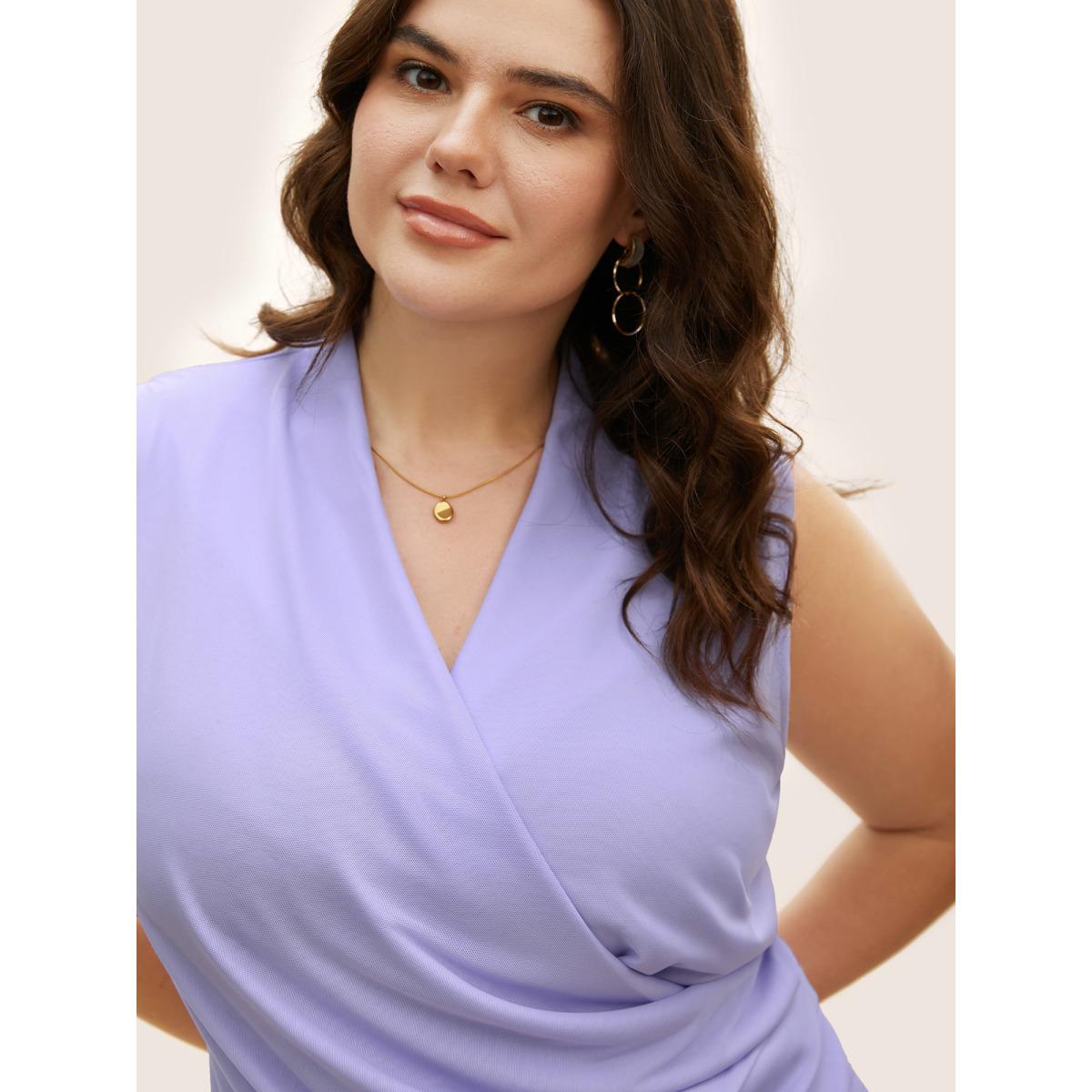 Plus Size Overlap Collar Solid Pleated Tank Top Women Lavender Elegant Pleated Overlap Collar Everyday Tank Tops Camis BloomChic 30/6X Product Image