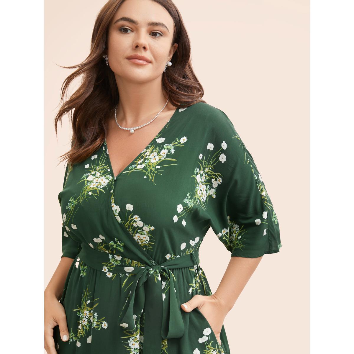 Plus Size Floral Overlap Collar Split Hem Dress Emerald Women Elegant Belted Overlap Collar Half Sleeve Curvy BloomChic 30/6X Product Image