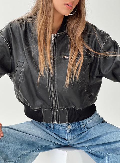 Sweet Disaster Faux Leather Cropped Bomber Jacket Black Product Image