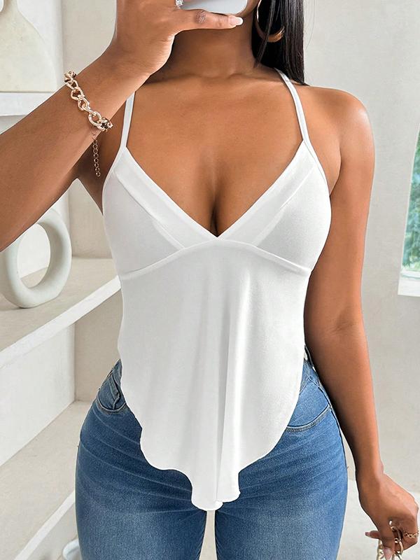 Loose Sleeveless Backless Pleated Solid Color Tied Deep V-Neck Vest Top Product Image