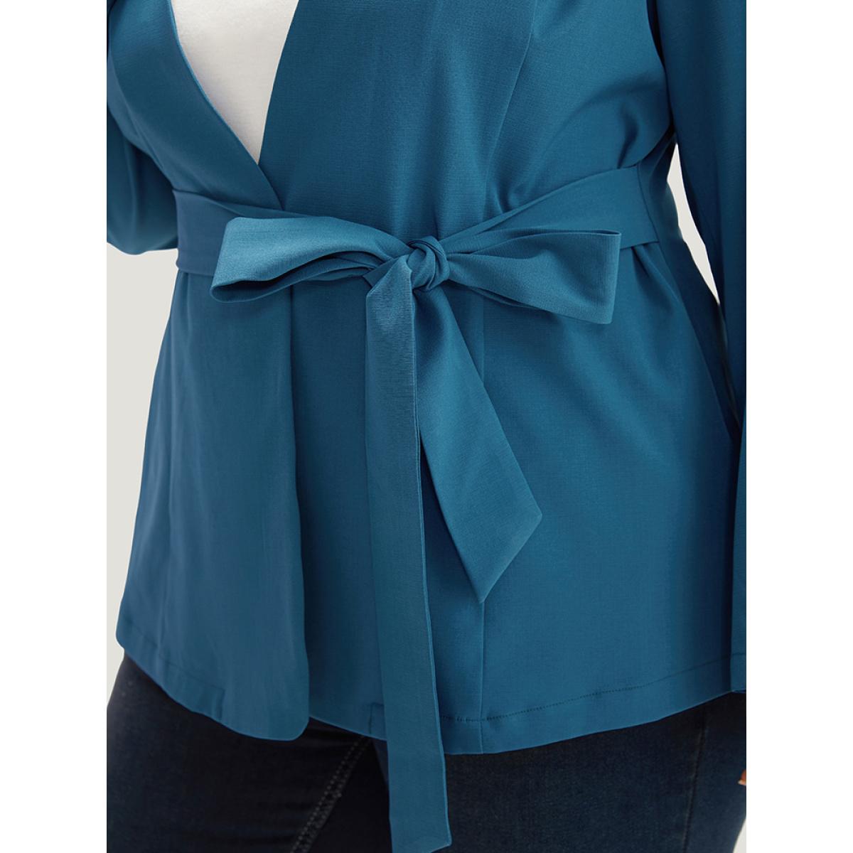 Plus Size Solid Belted Knot Blazer Cerulean Women Dailywear Plain Plain Sleeve Long Sleeve Open Front 22-24/3X Belt Casual Blazers BloomChic Product Image