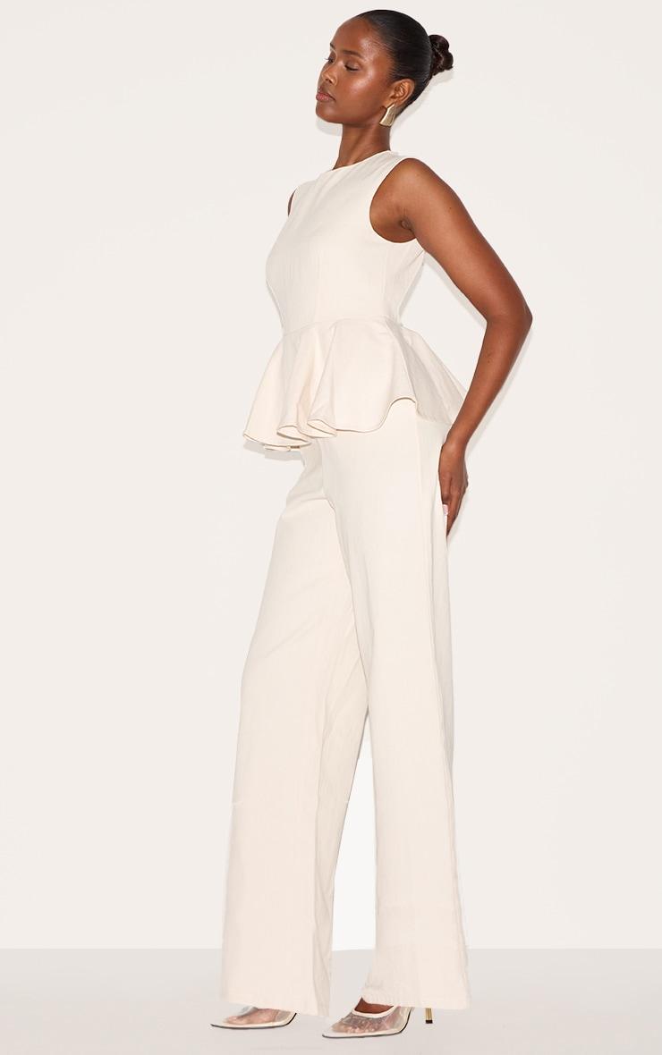  Ecru Cotton Peplum Detail Wide Leg Jumpsuit Product Image