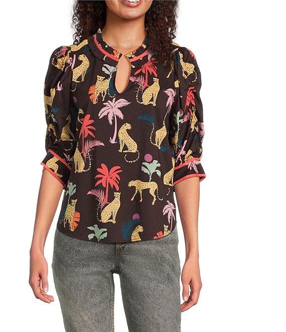 Democracy Woven Animal Plam Print Ruffle Split V-Neck Ruched Elbow Sleeve Top Product Image