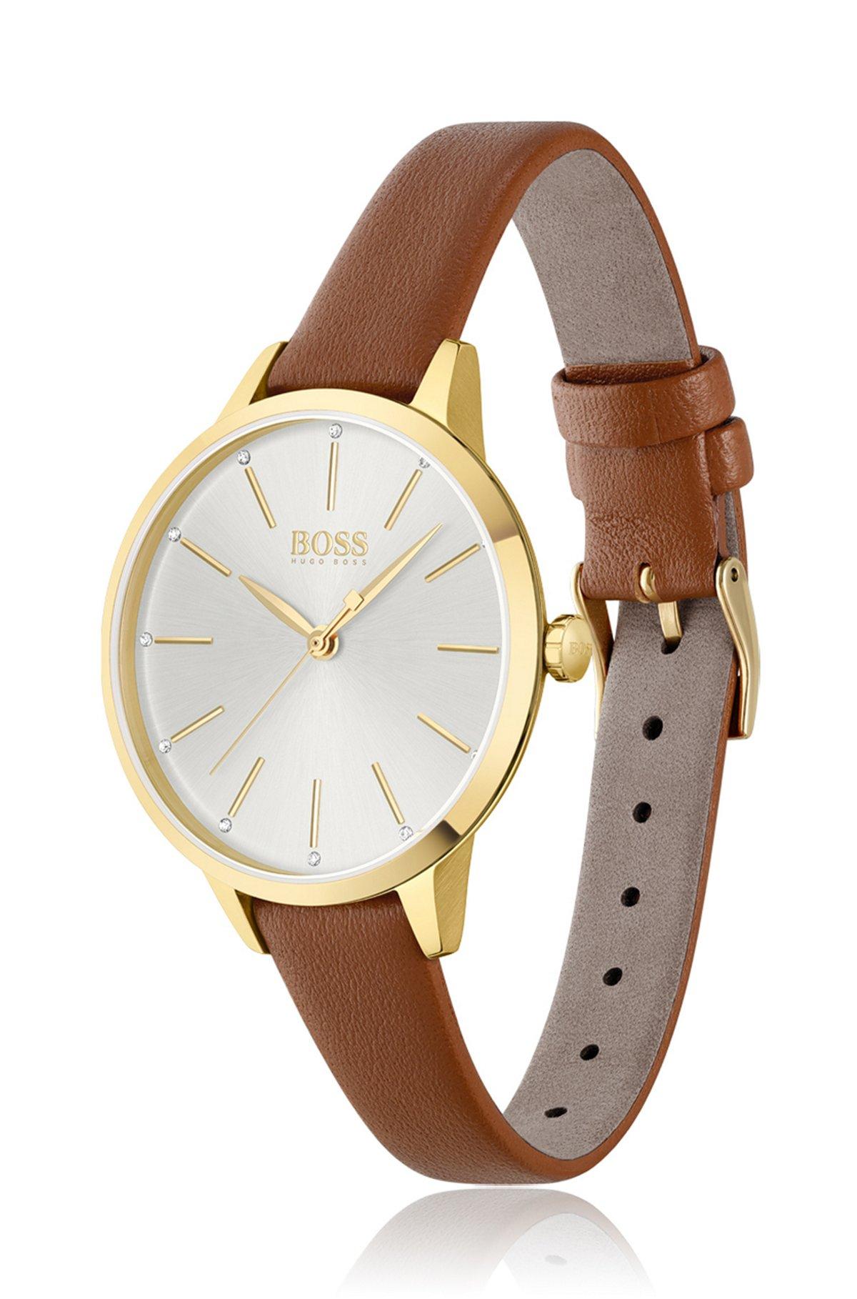 Gold-toned watch with crystal accents and leather strap Product Image