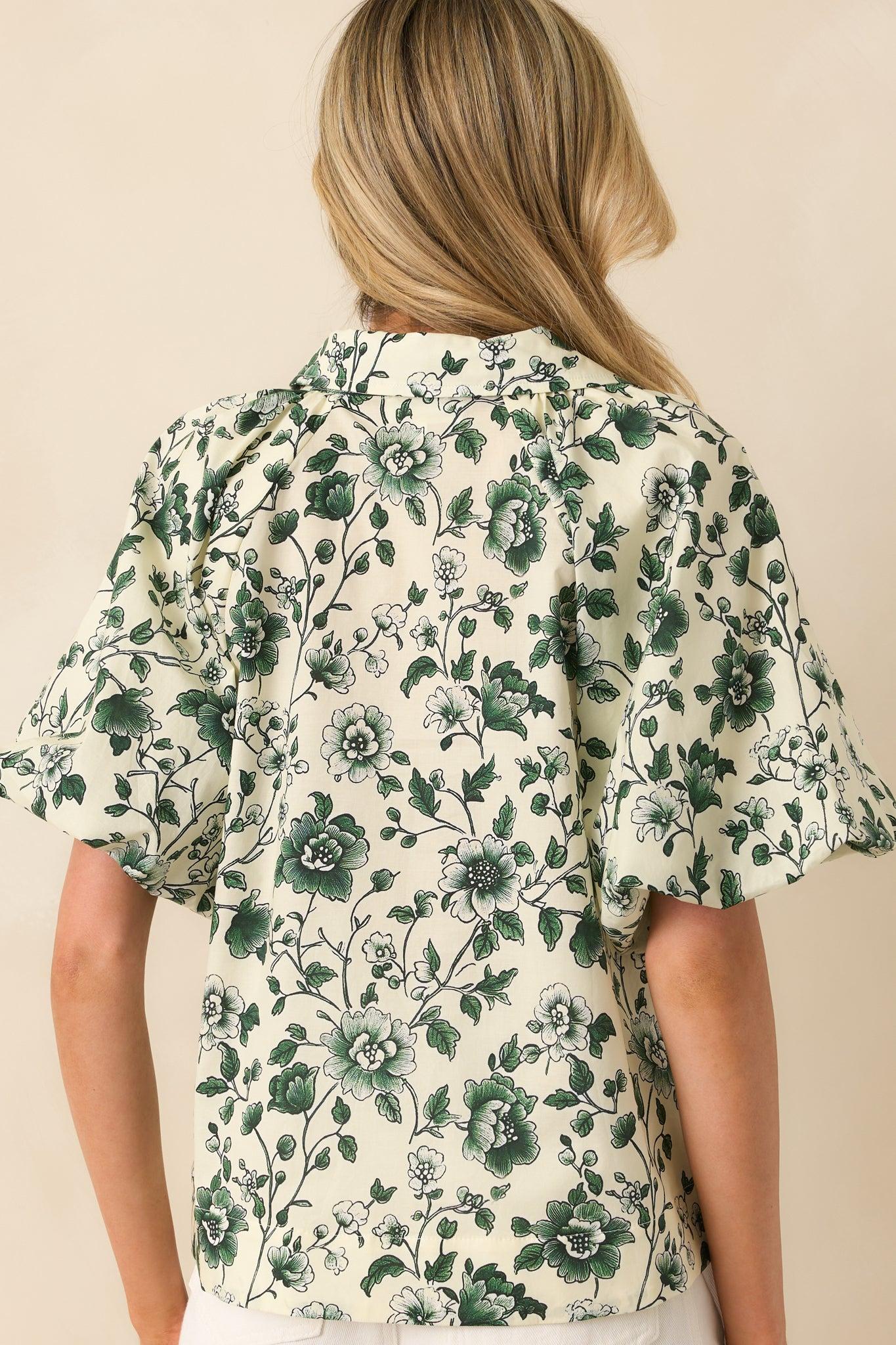 A Sweet Surprise Green Floral Print Cotton Puff Sleeve Top Product Image