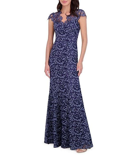 Eliza J Illusion Lace Neck Cap Sleeve V-Neck Mermaid Gown Product Image