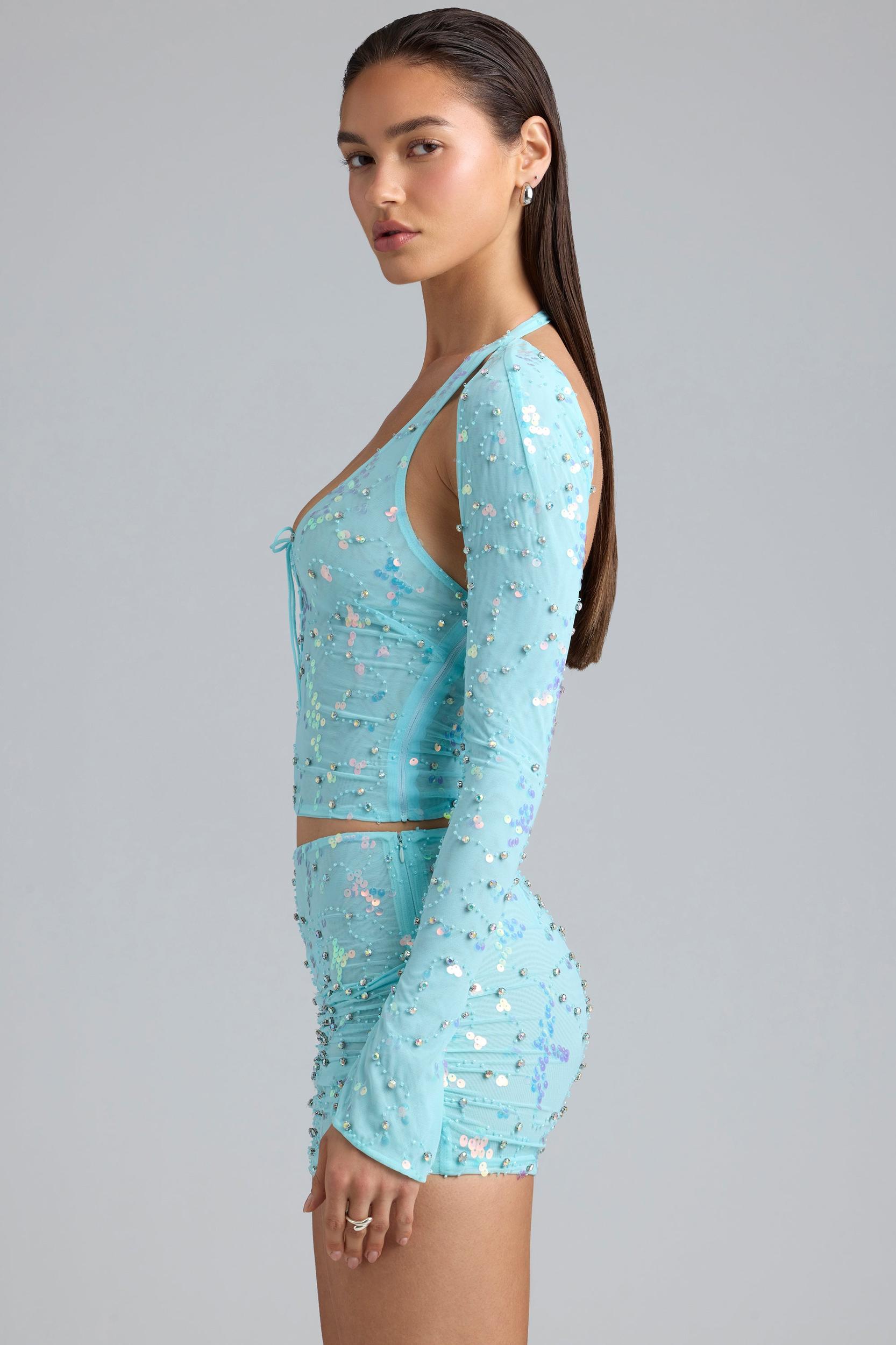 Ruched Mid-Rise Micro Mini Skirt in Ice Blue Product Image