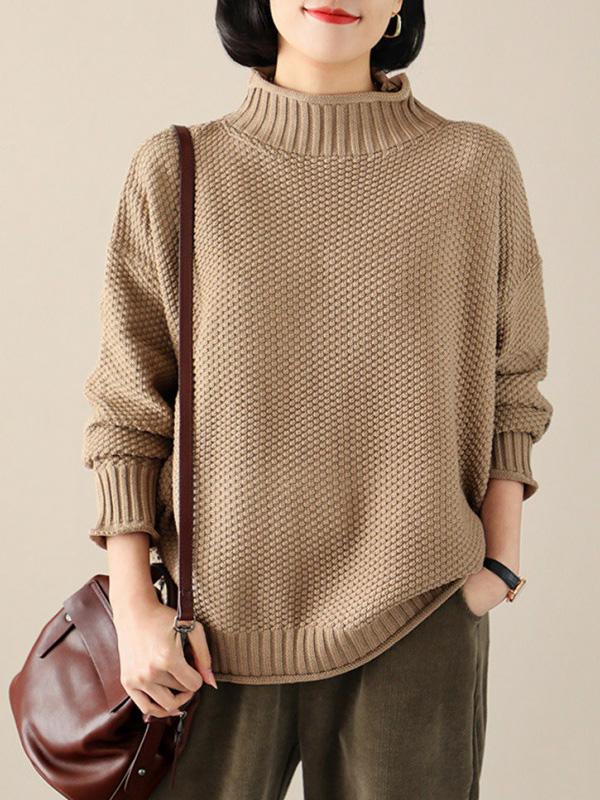Casual Loose Long Sleeves Solid Color High-Neck Sweater Tops Product Image