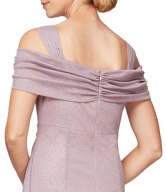 Alex Evenings Petite Size Cowl Square Neck Cap Sleeve Cold Shoulder Ruched Side Glitter Mesh Gown Product Image