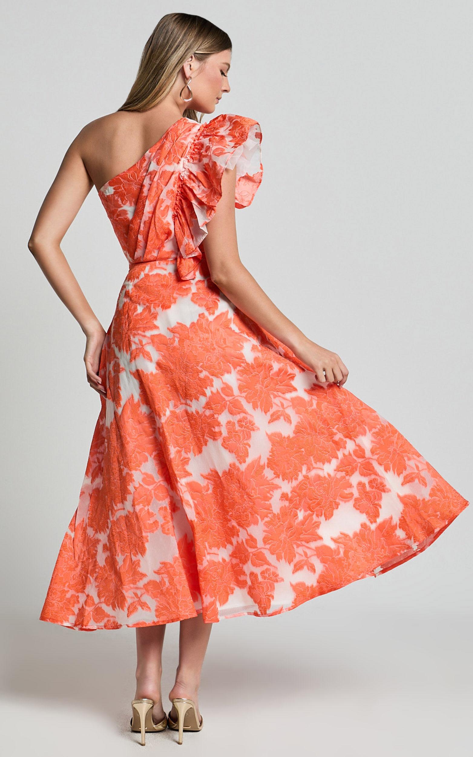 Alfreda Midi Dress - One Shoulder Ruffle Detail Brailey Jacquard Dress in Orange Jacquard Product Image
