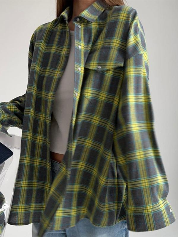 Vintage Plaid Print Long Sleeve Blouse Product Image