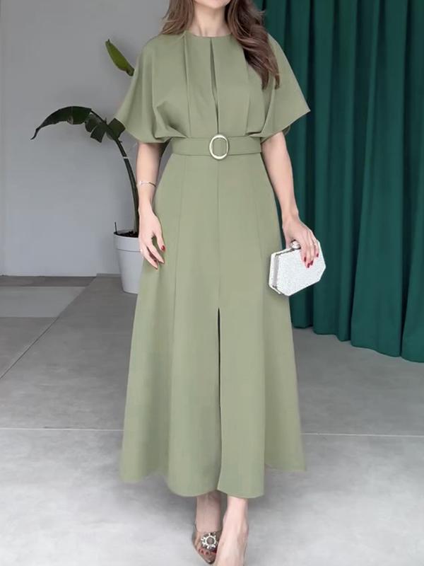 Loose Raglan Sleeve Pleated Split-Front Split-Joint Tied Waist Round-Neck Maxi Dresses Product Image
