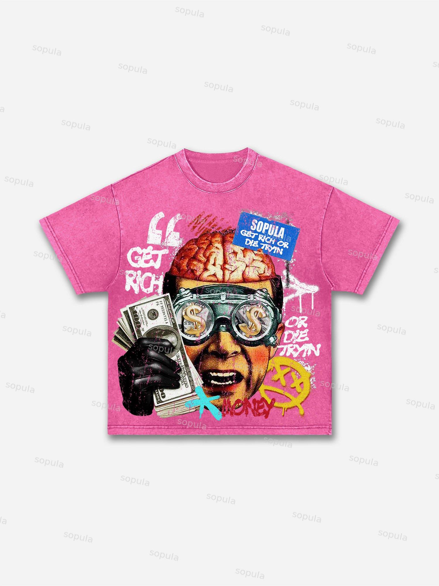 Get Rich Money Portrait Print Acid Wash T-shirt Product Image