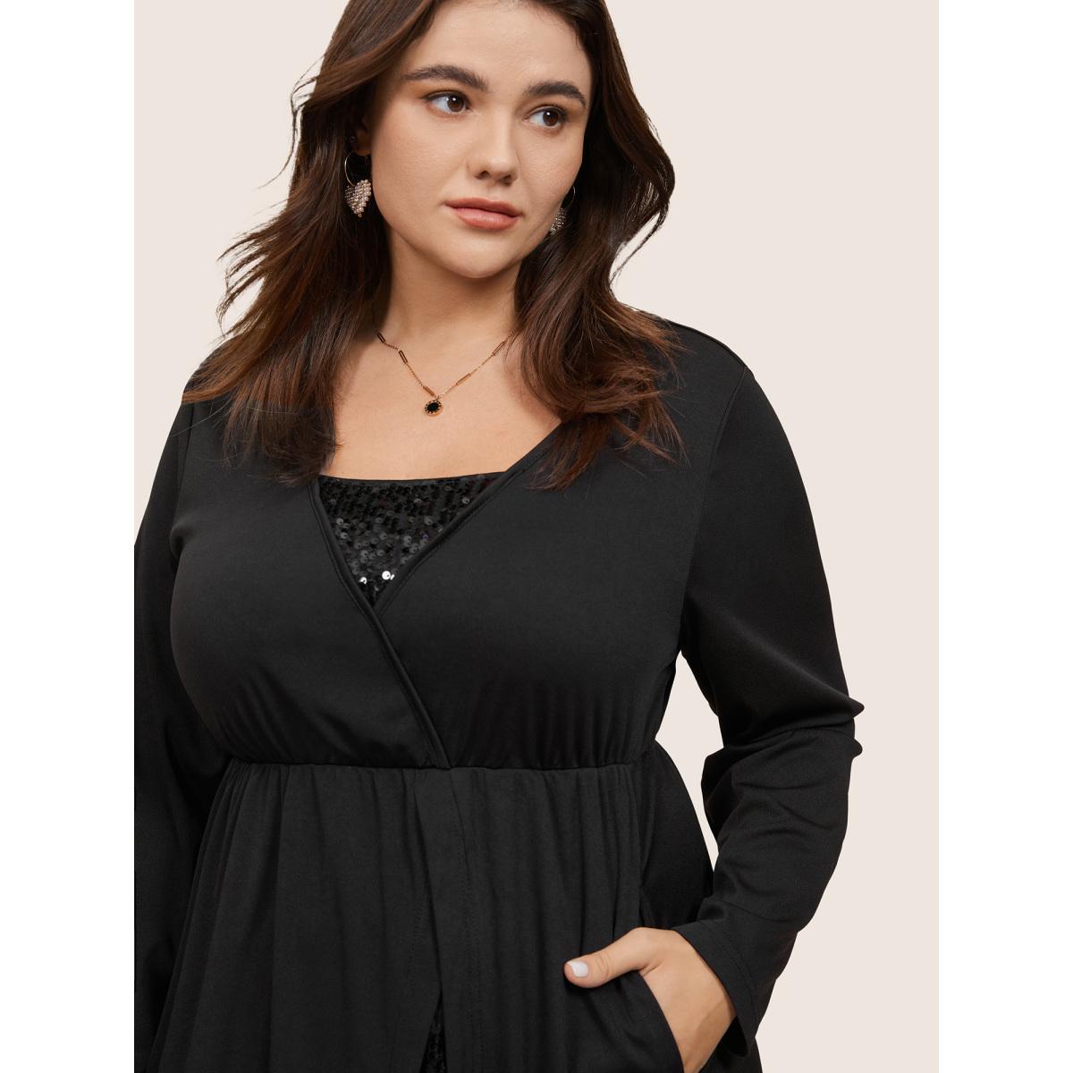 Plus Size Plain Sequin Patchwork Elastic Waist Dress Black Women Glamour Sequin Square Neck Long Sleeve Curvy Midi Dress BloomChic 26/4X Product Image