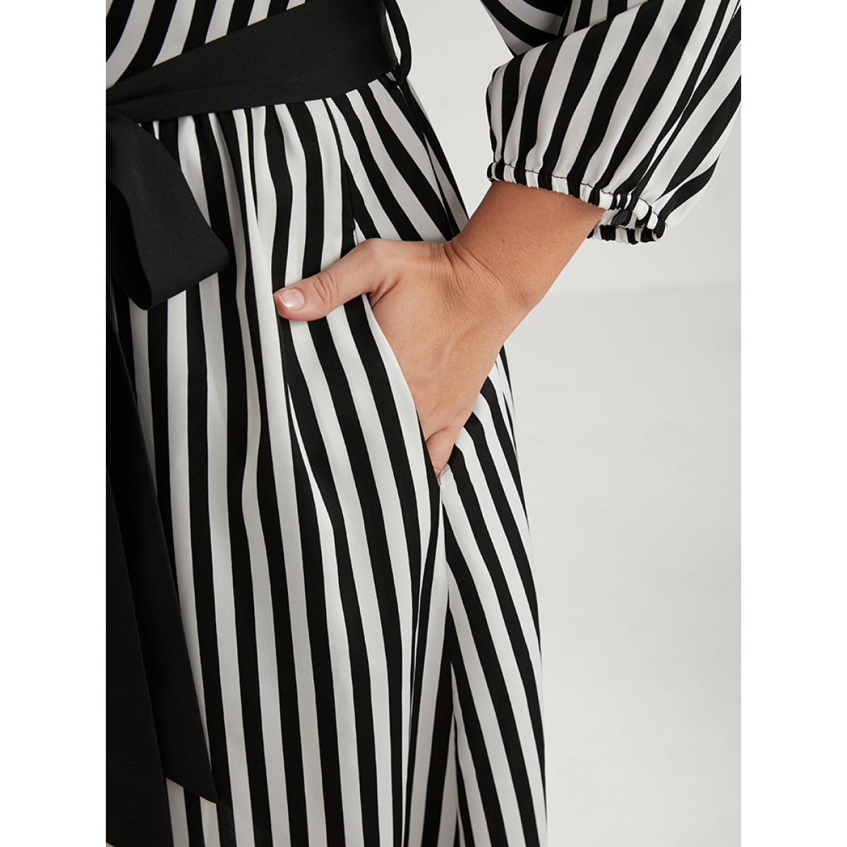 Plus Size Striped Contrast Patchwork Lantern Sleeve Pocket Belted Wrap Dress Black Women Office Belted V-neck Elbow-length sleeve Curvy Midi Dress BloomChic 10/M Product Image