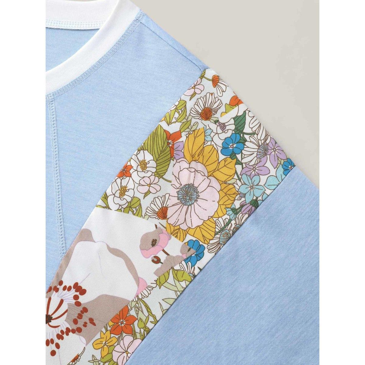 Plus Size Floral Panel Color Contrast T-Shirt LightBlue Women Contrast Round Neck Everyday-Casual T-shirts BloomChic 18-20/2X Product Image