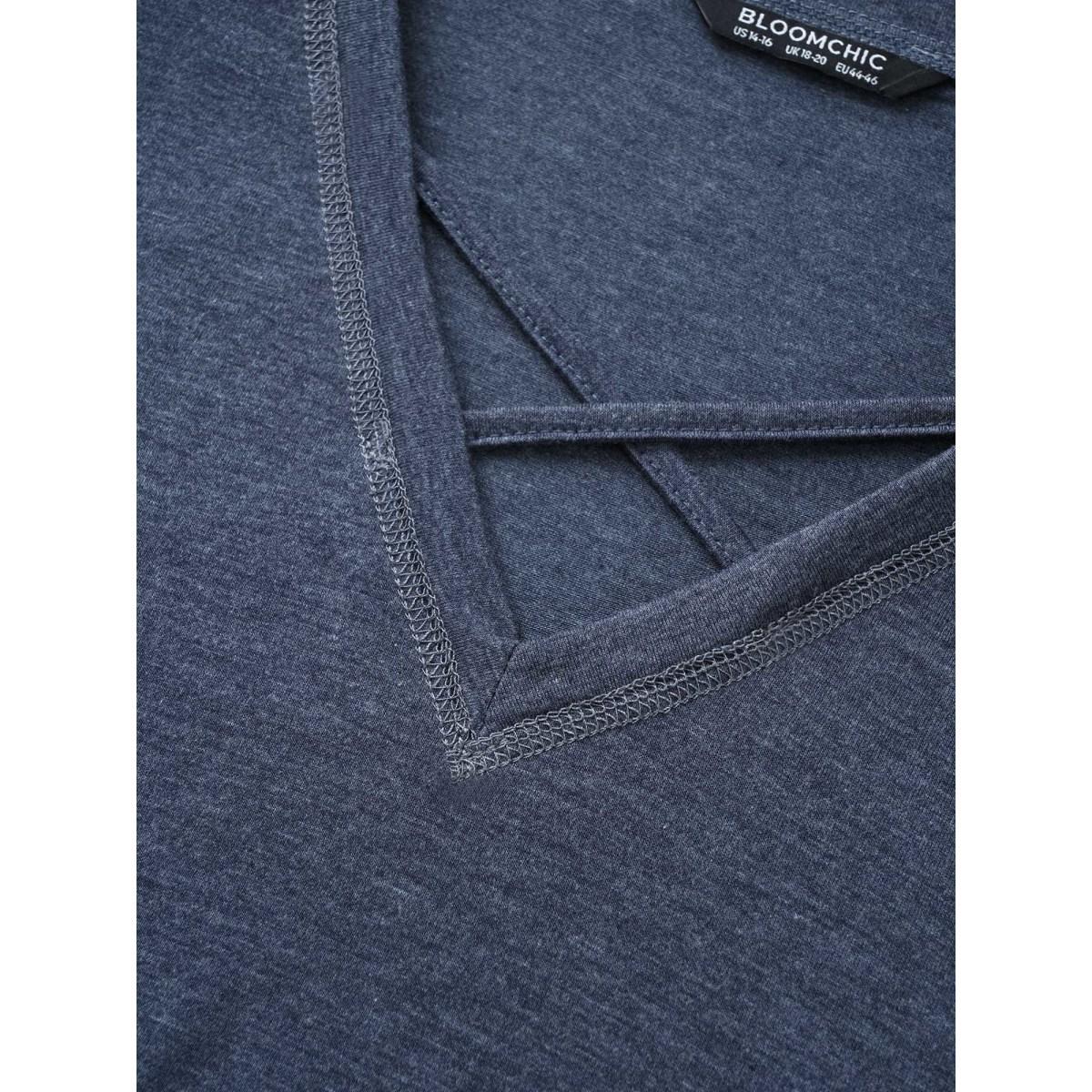 Plus Size Solid Crisscross Neck Contrast Stitch T-shirt DarkBlue Women Leisure Plain V-neck Casual T-shirts BloomChic 14-16/1X Product Image