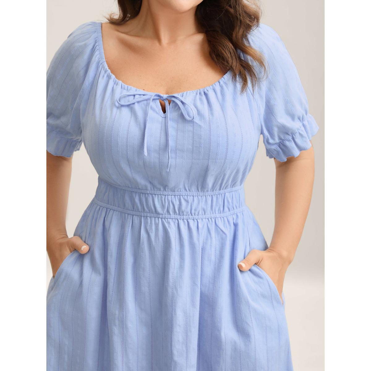 Plus Size Cotton Textured Neck-Tie Pockets Midi Dress LightBlue Women Round Neck Short sleeve Curvy BloomChic 28/5X Product Image
