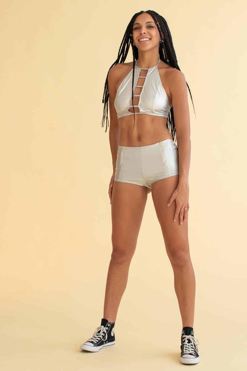 Silver Holographic Zip Booty Shorts Product Image