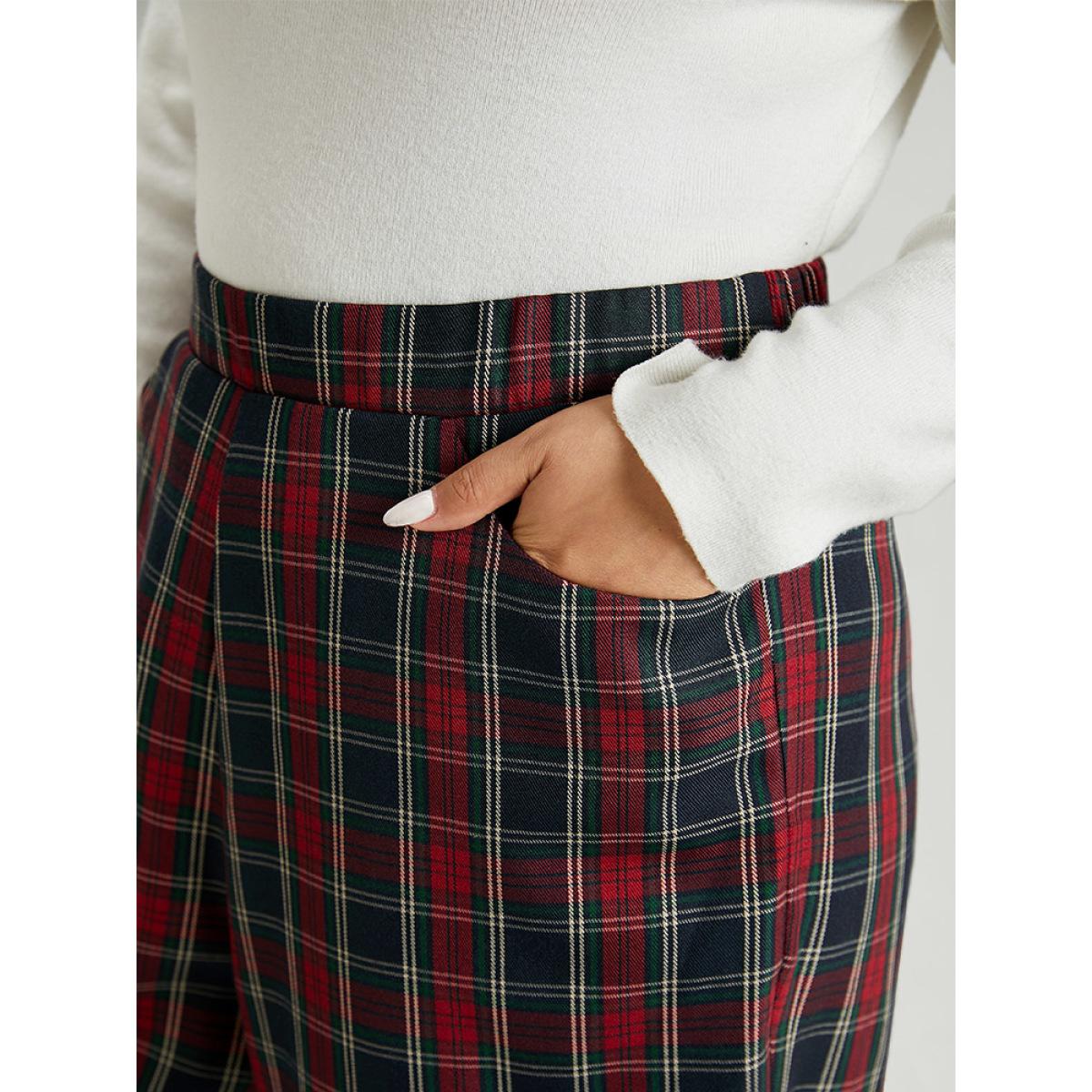 Plus Size Plaid Elastic Waist Pocket Straight Leg Pants Women Multicolor Elegant Straight Leg High Rise Festival-Christmas Pants BloomChic 14-16/1X Product Image