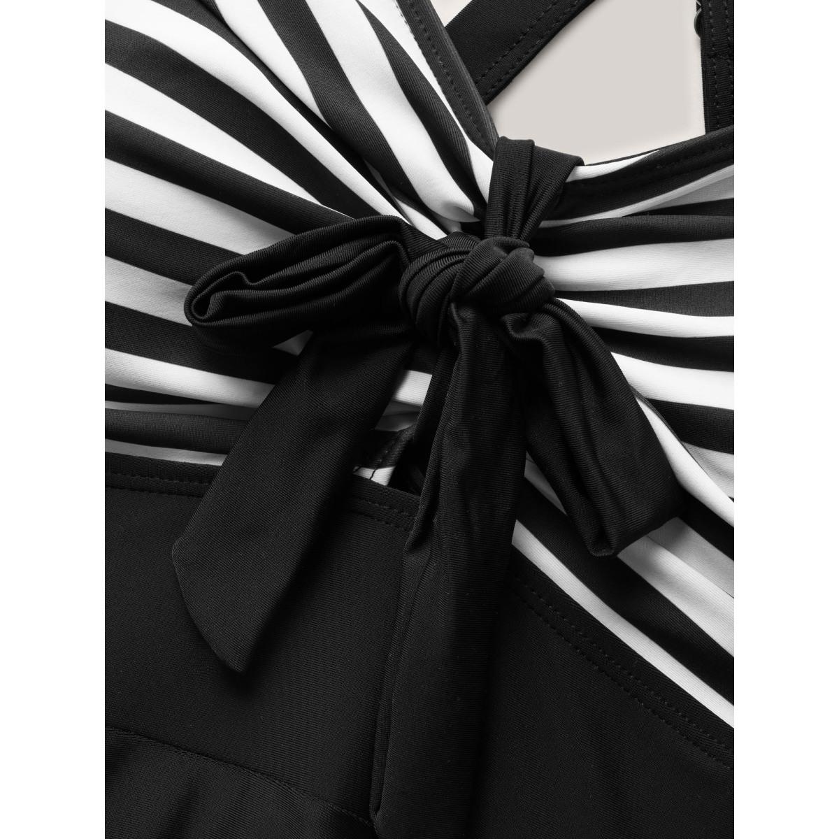 Plus Size Stripes Patchwork Tie Knot Cross Straps Swim Dress Women's Swimwear Black Resort Bodycon Heart neckline High stretch Curve Swim Dresses BloomChic 22-24/3X Product Image