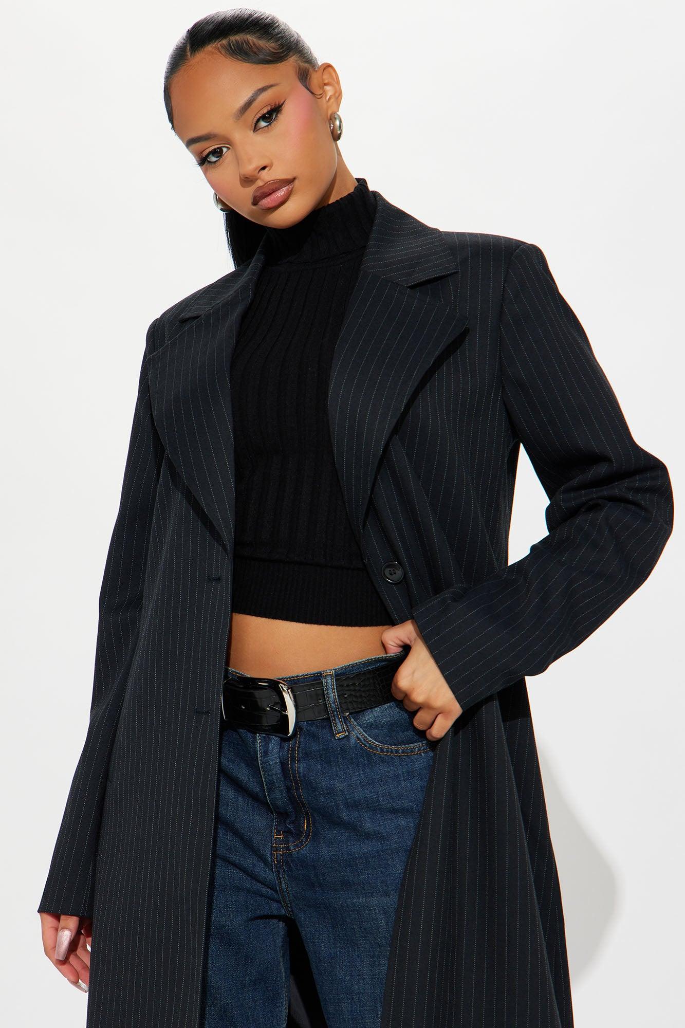 Business Plans Pinstripe Long Blazer - Black/combo Female Product Image